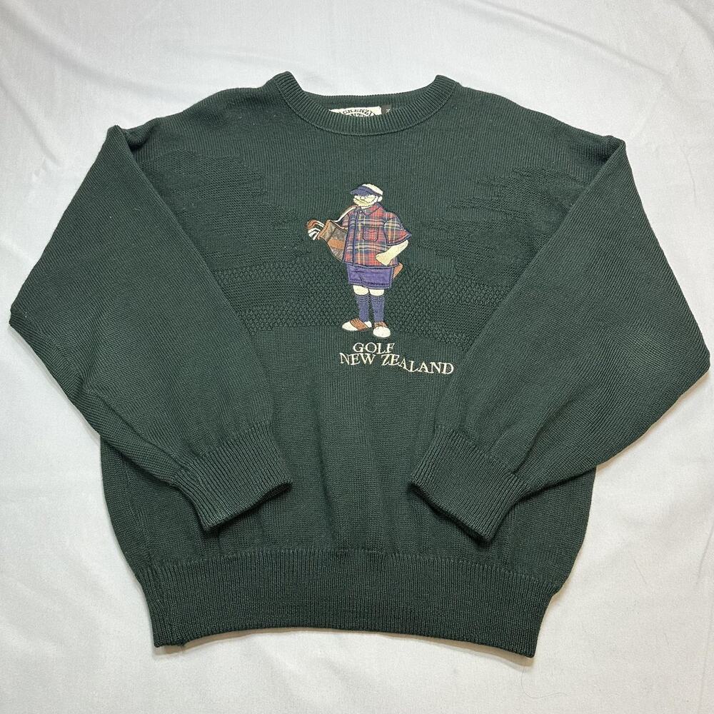 Mackenzie Country Sweater Mens M Green Wool Crewneck Golf Grandpa Embroidered